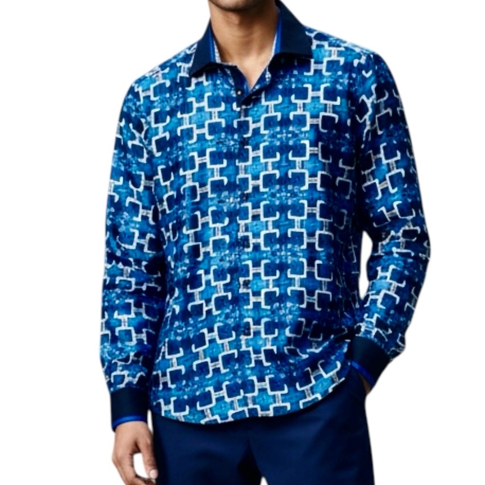 El General Shirt Snowflakes Geometry Print Button Up Flip Cuff Shiny Sz S NWOT